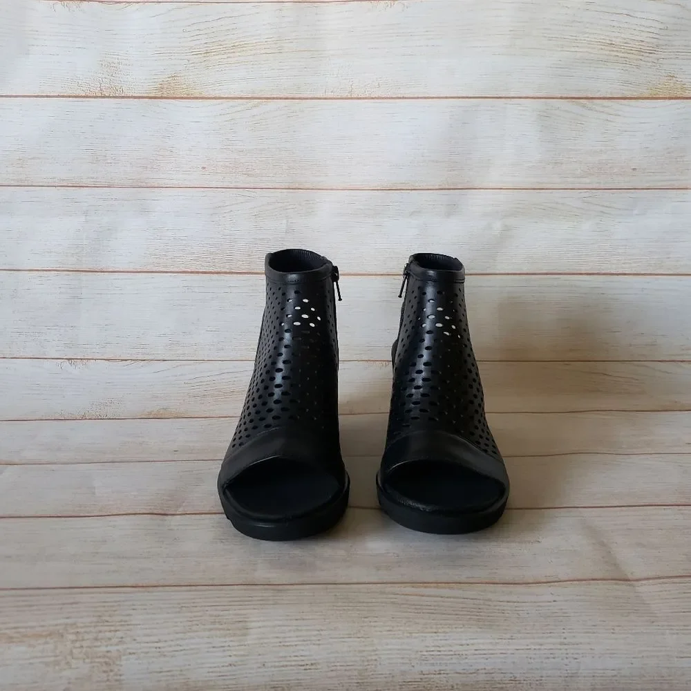ECCO Freja Wedge Leather Sandal Bootie Ankle Boot Open Toe Laser Cut Black